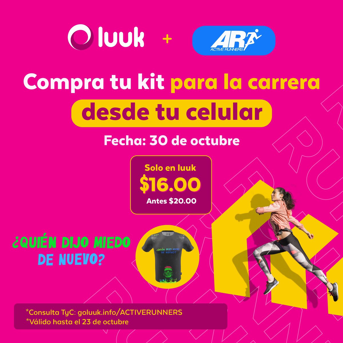 Aprovecha esta promo y adquiere tu inscripción a la Carrera Quien Dijo Miedo de Nuevo? a través de tu celular .
goluuk.info/ARUNNERS