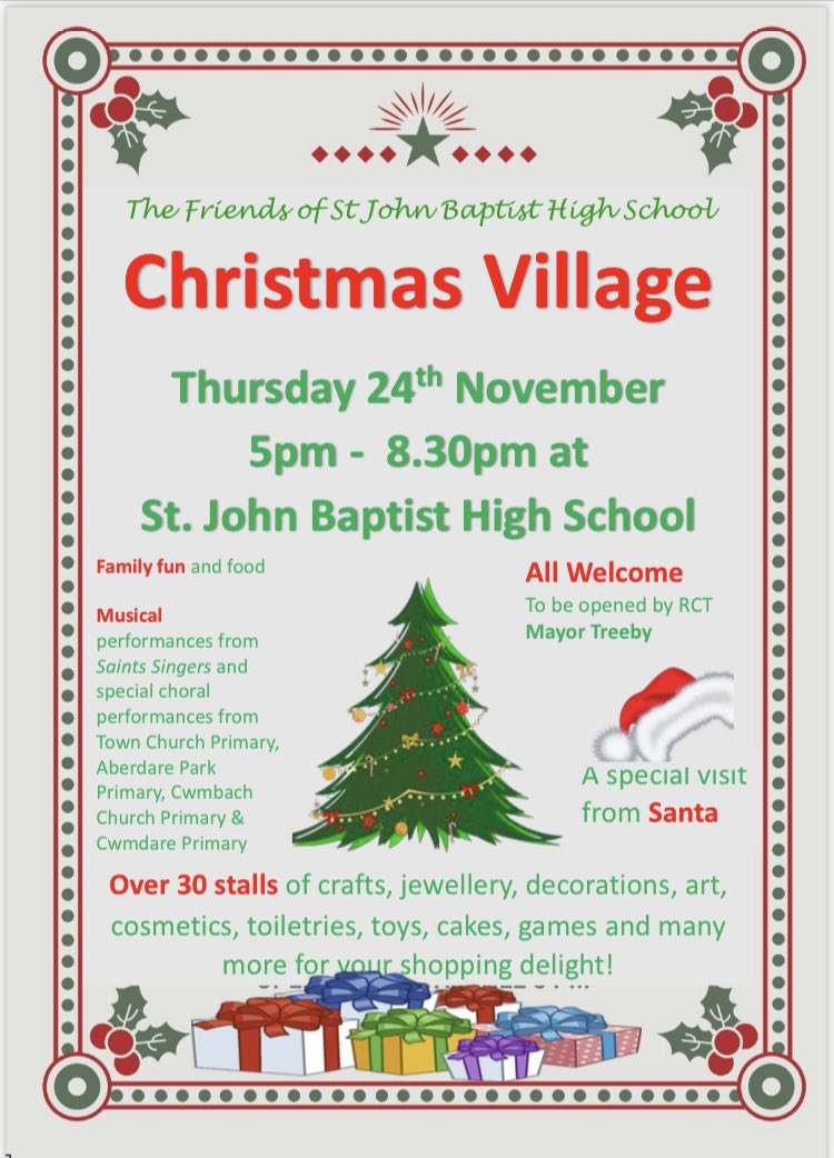 KS3StJohns's tweet photo. Come join us for our annual Christmas Village - back bigger and better post Covid! @StJohnsAberdare https://t.co/VXkYfkpR8N