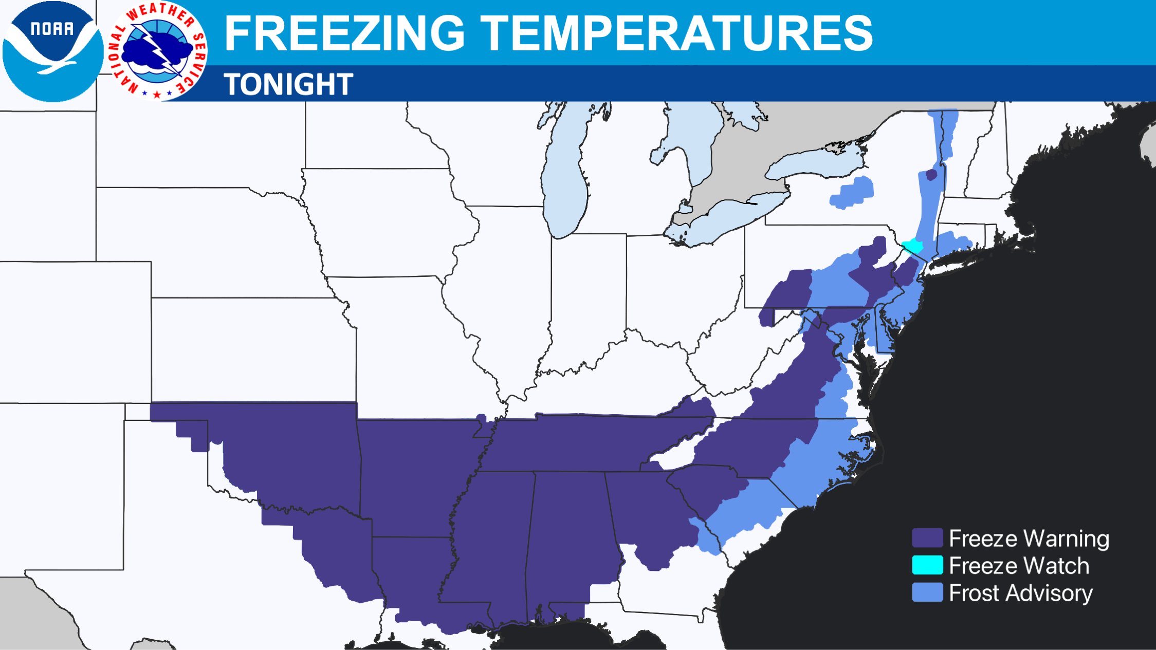 Map showing widespread freeze and frost warnings/advisories in the US south and east.