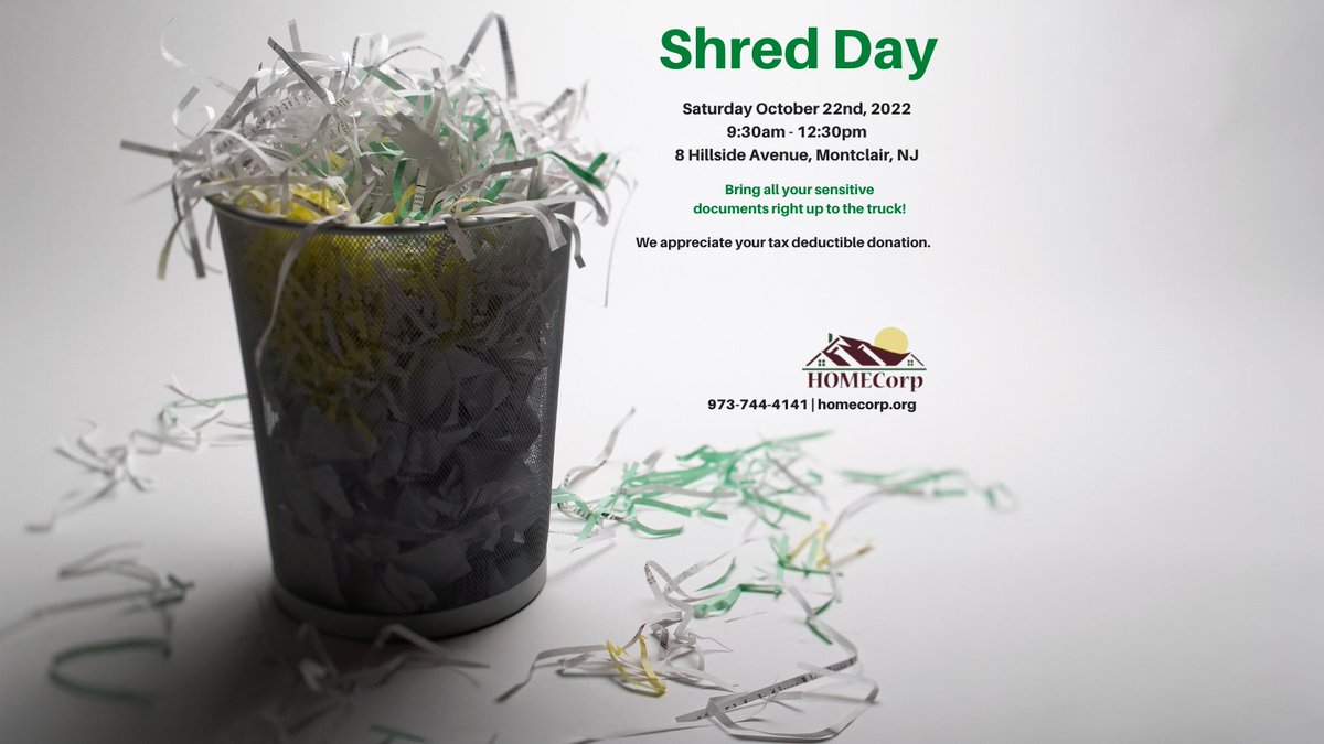 HOMECorp1's tweet photo. Don't forget!!! Shred Day is this Saturday!!!
9:30-12:30pm
8 Hillside Ave. in Montclair https://t.co/eHWDxwjT1k