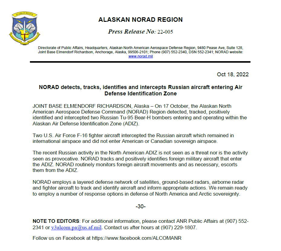 Two U.S. Air Force F-16s intercepted two Russian Tu-95 Bear-H bombers entering the Alaskan Air Defense Identification Zone Oct 17. See press release for more details. 
#WeHaveTheWatch #HomelandDefense #AlwaysVigilant