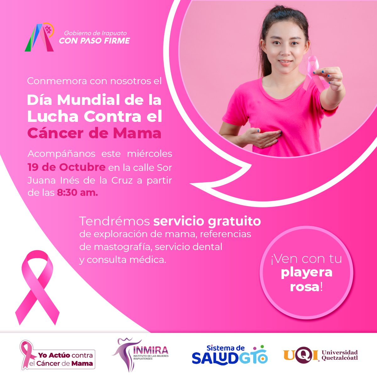 #OctubreRosa | La prevención es nuestra mejor aliada, te esperamos en nuestro día rosa, con servicios gratuitos a partir de las 8:30 a.m. Ven con tu playera rosa y juntas formemos una lazada conmemorando nuestra lucha contra el #CáncerDeMama. 👇🏼 #JuntasRompemosEsquemas