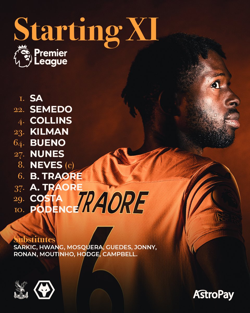 Wolves's tweet photo. 🇮🇪 Collins back from suspension.
☝️ Boubacar and Bueno start for the first time.

How we line up to take on @CPFC. 

🐺📋 https://t.co/pFgciJV0Ph
