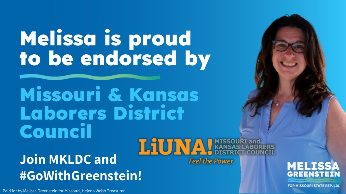 Melissa4MO's tweet photo. 🚨Endorsement Alert🚨

Unions help working families, and working families keep everything in our community going! That is why I' m proud to be seen as a pro-labor champion by the SEIU MO/KS State Council, MKLDC, Teamsters Local 6 and Teamsters Local 688.

#GoWithGreenstein #MOLeg https://t.co/SQQrVKzC48