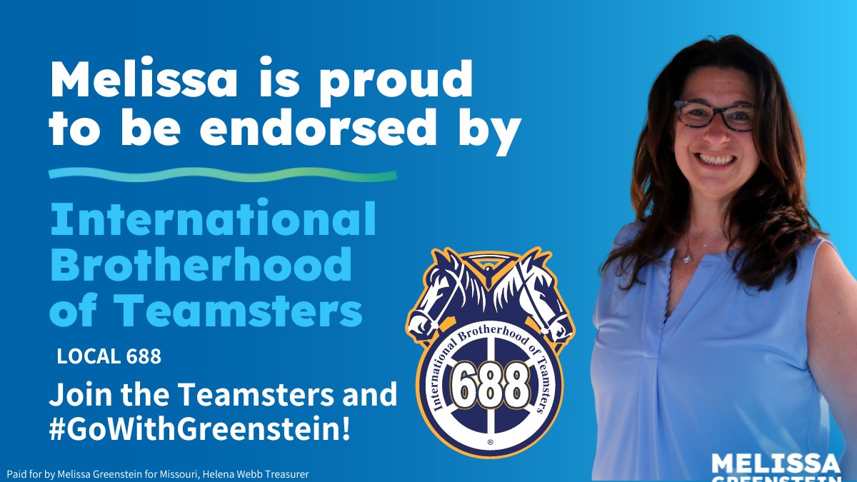 Melissa4MO's tweet photo. 🚨Endorsement Alert🚨

Unions help working families, and working families keep everything in our community going! That is why I' m proud to be seen as a pro-labor champion by the SEIU MO/KS State Council, MKLDC, Teamsters Local 6 and Teamsters Local 688.

#GoWithGreenstein #MOLeg https://t.co/SQQrVKzC48