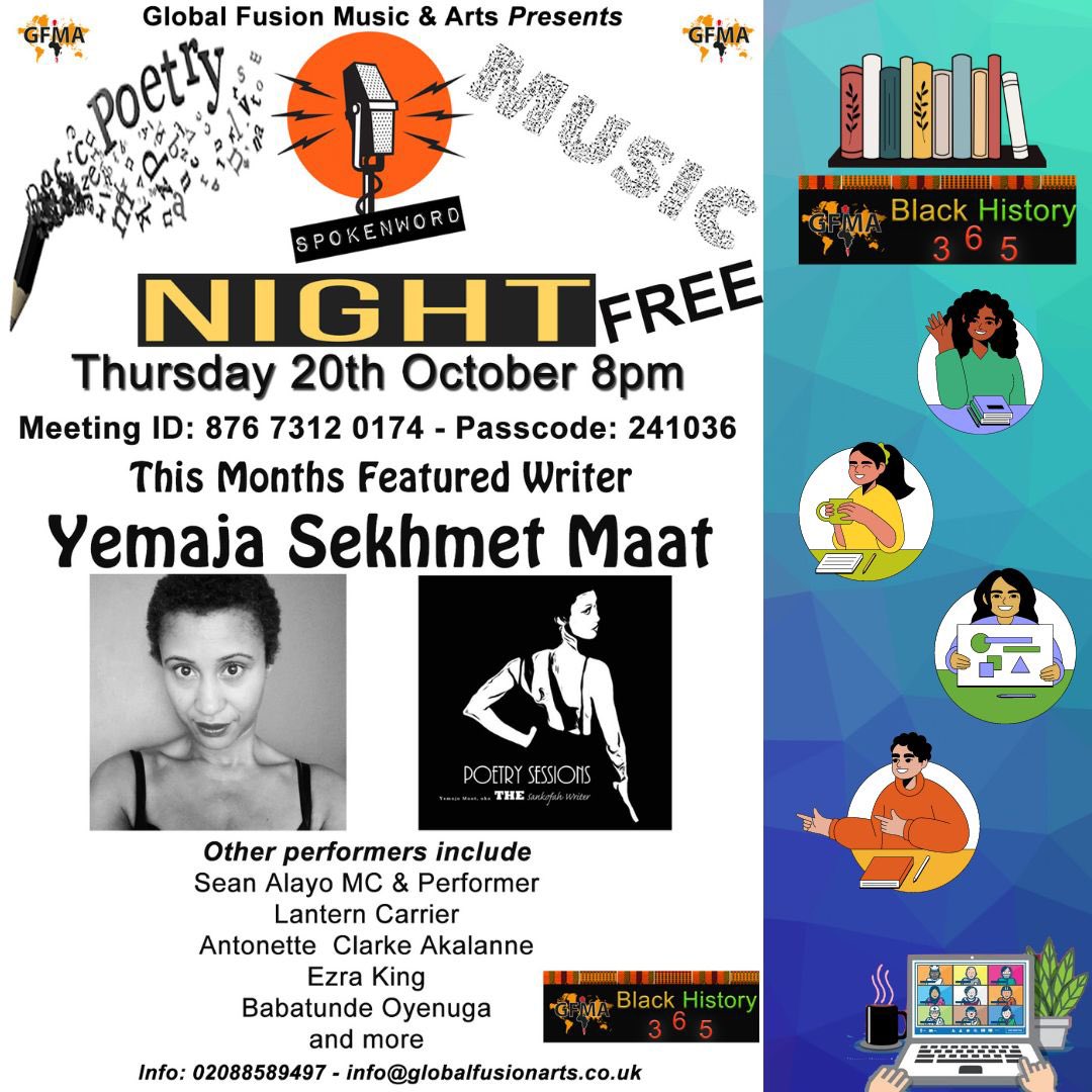 GFMArts's tweet photo. #poetry #spokenwordnight live on Zoom on Thursday night 8pm #Blackhistorymonth2022 https://t.co/ZovV6zjiKx