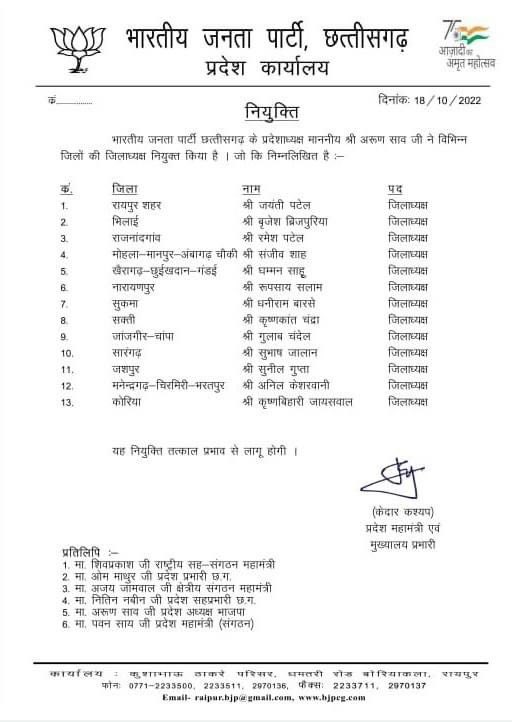 akhileshsonibjp's tweet photo. .@BJP4CGState के प्रदेश अध्यक्ष श्री @ArunSao3 जी के द्वारा विभिन्न जिलों के ज़िला अध्यक्षों की नियुक्ति की गई है।
￼ सभी नवनियुक्त जिल अध्यक्षों को बहुत बहुत बधाई एवं हार्दिक शुभकामनाएँ￼। https://t.co/paYiADvMDL