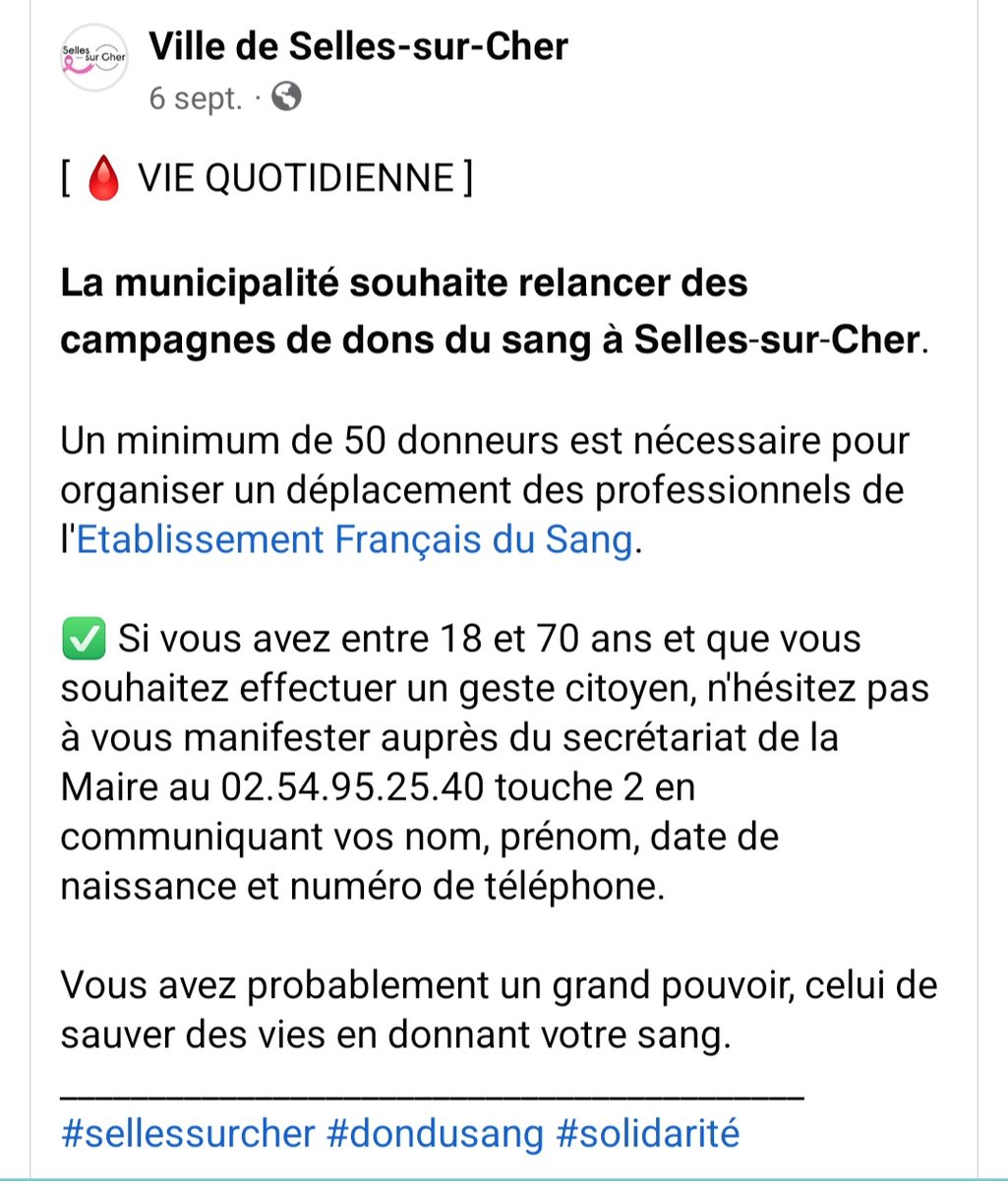dondesang_41's tweet photo. Et si Selles-sur-Cher devenait une ville ambassadonneur?
Donneurs, vous êtes attendus! 
@SellessurcherOf @departement41 
#solidarite #DonDuSang 
@EFS_dondesang 
#1h3vies #ToutSellesSurCherDonne https://t.co/Vnd8DV4jRg