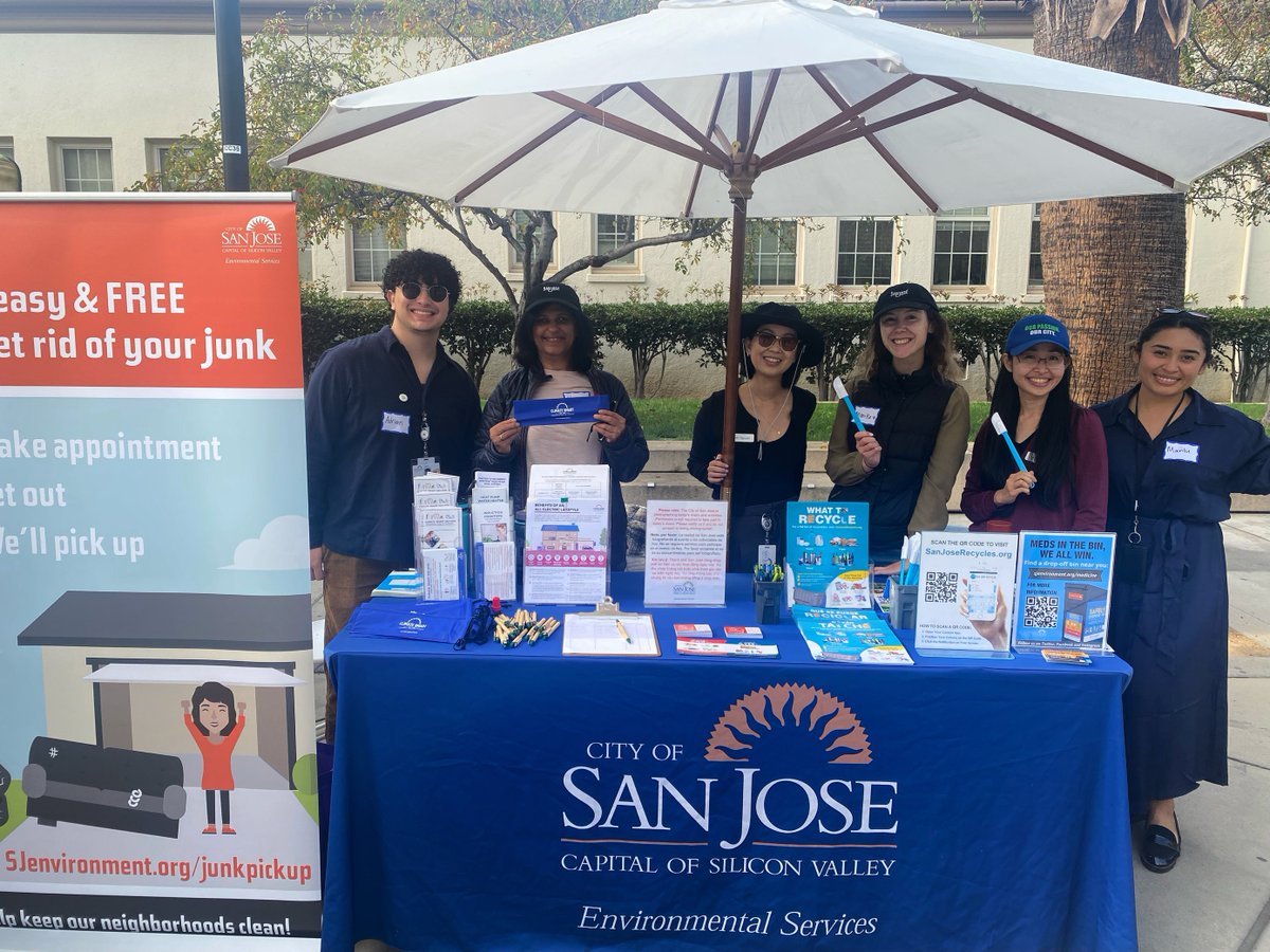 sjenvironment's tweet photo. ππCome join us at @SJSU! We'll be here until 2pm today sharing resources about our #RecycleRight, #ClimateSmart, free #JunkPickup, and #PollutionPrevention programs.
#keepSJclean https://t.co/2l17xLw57L
