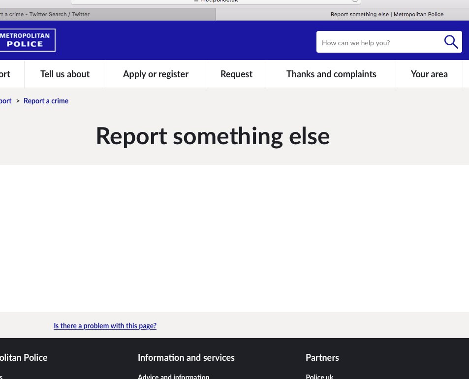 daigo_smith's tweet photo. @MetCC @metpoliceuk hi your online form for reporting crimes is down on both mobile and web (I'm using iOS and safari respectively). I get as far as this screen here and then the form doesn't load (blank space where it should be). Please can you fix so I can report a crime https://t.co/2drw3RFHra