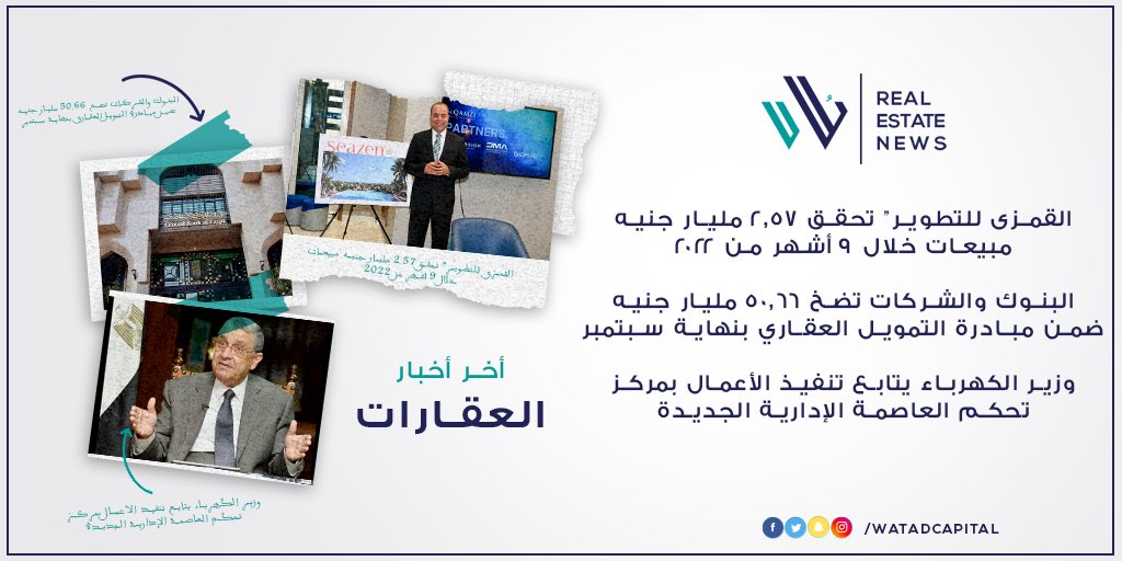 WatadCapital's tweet photo. "القمزى للتطوير” تحقق 2.57 مليار جنيه مبيعات خلال 9 أشهر من 2022
البنوك والشركات تضخ 50.66 مليار جنيه ضمن مبادرة التمويل العقاري بنهاية سبتمبر
وزير الكهرباء يتابع تنفيذ الأعمال بمركز تحكم العاصمة الإدارية الجديدة#وتد_كابيتال #اخبار_العقار https://t.co/yvpXijBx88