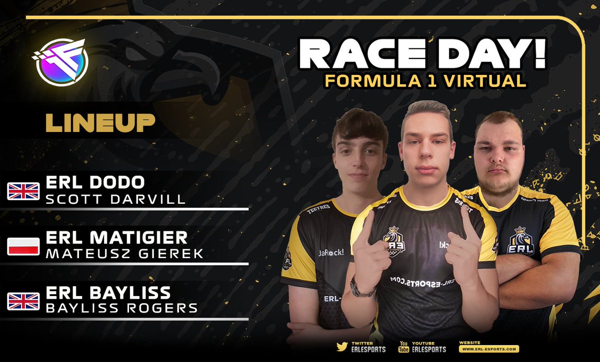 Race day! <a href="/formula1virtual/">Formula 1 Virtual</a>   🔥

Today at 21:30 BST. Three of our drivers will compete in round 6 at F1V 💪

We are aiming for another podium position! 🍾

Line-up: 📖
👤 <a href="/ERL_Bayliss/">BR._. 🌐</a>
👤 <a href="/ERL_matigier/">ERL matigier</a>
👤 <a href="/ERL_Dodo173/">DangerousDodo01</a>

Link:
twitch.tv/Formula1Virtual

#F122 #eSports
