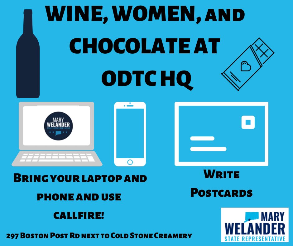 WelanderforCT's tweet photo. Did you knowβ¦.we have CHOCOLATE and WINE (and beer) and other yummy snacks at #HQ? Come enjoy them, and the company of friends, while chatting, writing postcards, assembling lawn signs, and using #Callfire on #Wednesdays! 297 Boston Post Rd. #OrangeCT #Connecticut #CT #ODTC https://t.co/Gv0lsfVApp