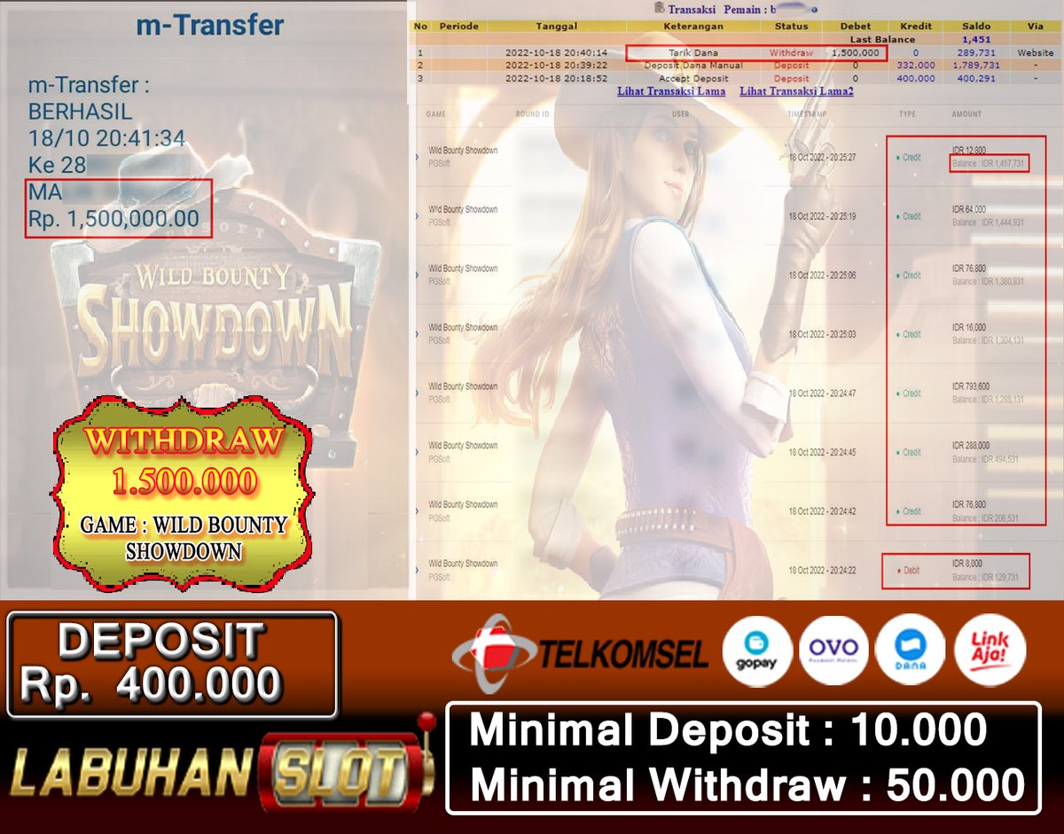 LabuhanSlot's tweet photo. PG SOFT GACORR LABUHANSLOT..
DEPOSIT : 400.000
WITHDRAW : 1.500.000
GAME : WILD BOUNTY SHOWDOWN
STAKE : 8.000

#PRAGMATIC #HABANERO #PGSOFT #SLOTTERMANIA #IDNLIVE #IDNTOTO #IDNSLOT #LABUHANSLOT #GACORABIS #SLOTTERPERCAYA https://t.co/6le6xCWeQu