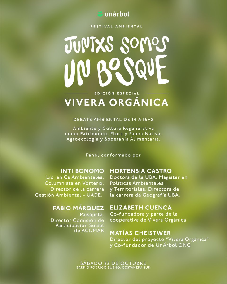 unarbol_ong's tweet photo. #JuntxsSomosUnBosque en Vivera Orgánica
🌿Plantación colectiva
🌼Taller de huerta y nativas
🌍Debate ambiental con @intibonomo, @paisajeante, Hortensia Castro, Elizabeth Cuenca y Matías Cheistwer
🎼 Música en vivo
¡Anotate en el link de nuestra bio!
#UnArbolONG #JSUB https://t.co/aCoArnf6y8