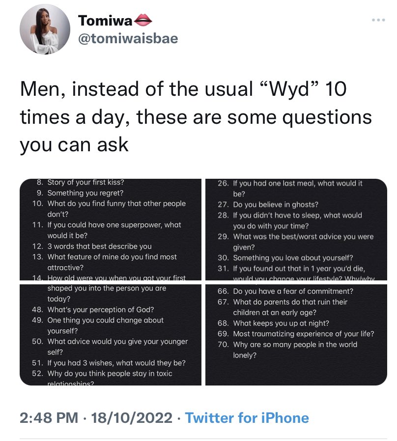 Postsubman's tweet photo. - Feminist - Tomiwa provides men with 70 thoughtful questions they can ask a lady instead of ‘what’re you doing?’. 1/2 https://t.co/mnK92M8n0i