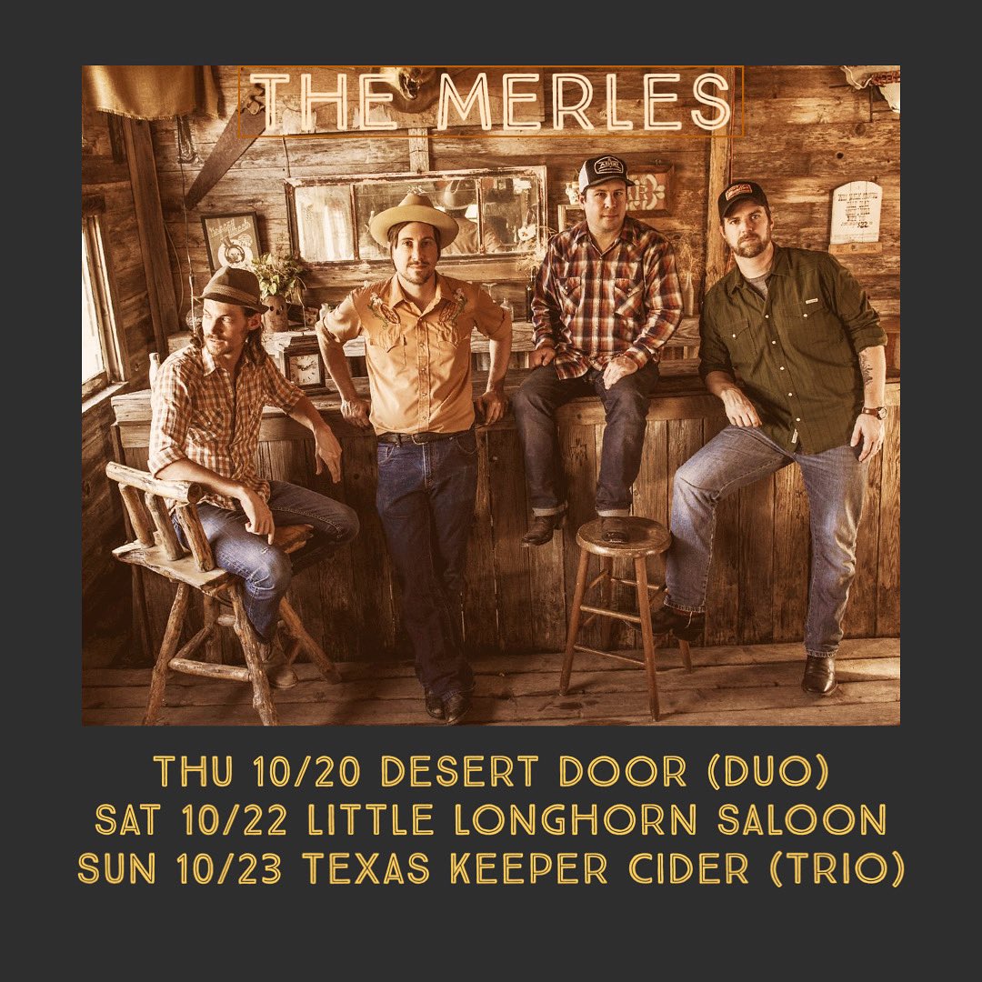 MerlesATX's tweet image. Join us this week for good times!

Thu 10/20 @DesertDoorSotol 5-7 - duo
Sat 10/22 @TLLonghorn 6-8p - full band!!!
Sun 10/23 Texas Keeper Cider 3-5p - trio

themerles.com