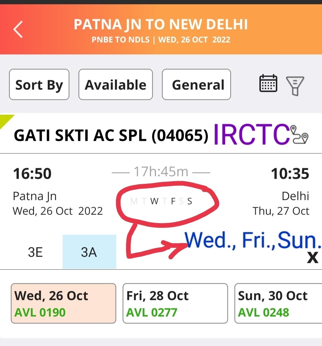 Avinty1111's tweet photo. @RailMinIndia @RailwaySeva @IRCTCofficial 
While booking ticket on IRCTC, it Shows Train No. 04065 runs on WED, FRI, SUN.
But actually it is running on MON, TUE, THU, SAT.
What's mystry???
What to do?
How to book ticket? https://t.co/hK207dkq22