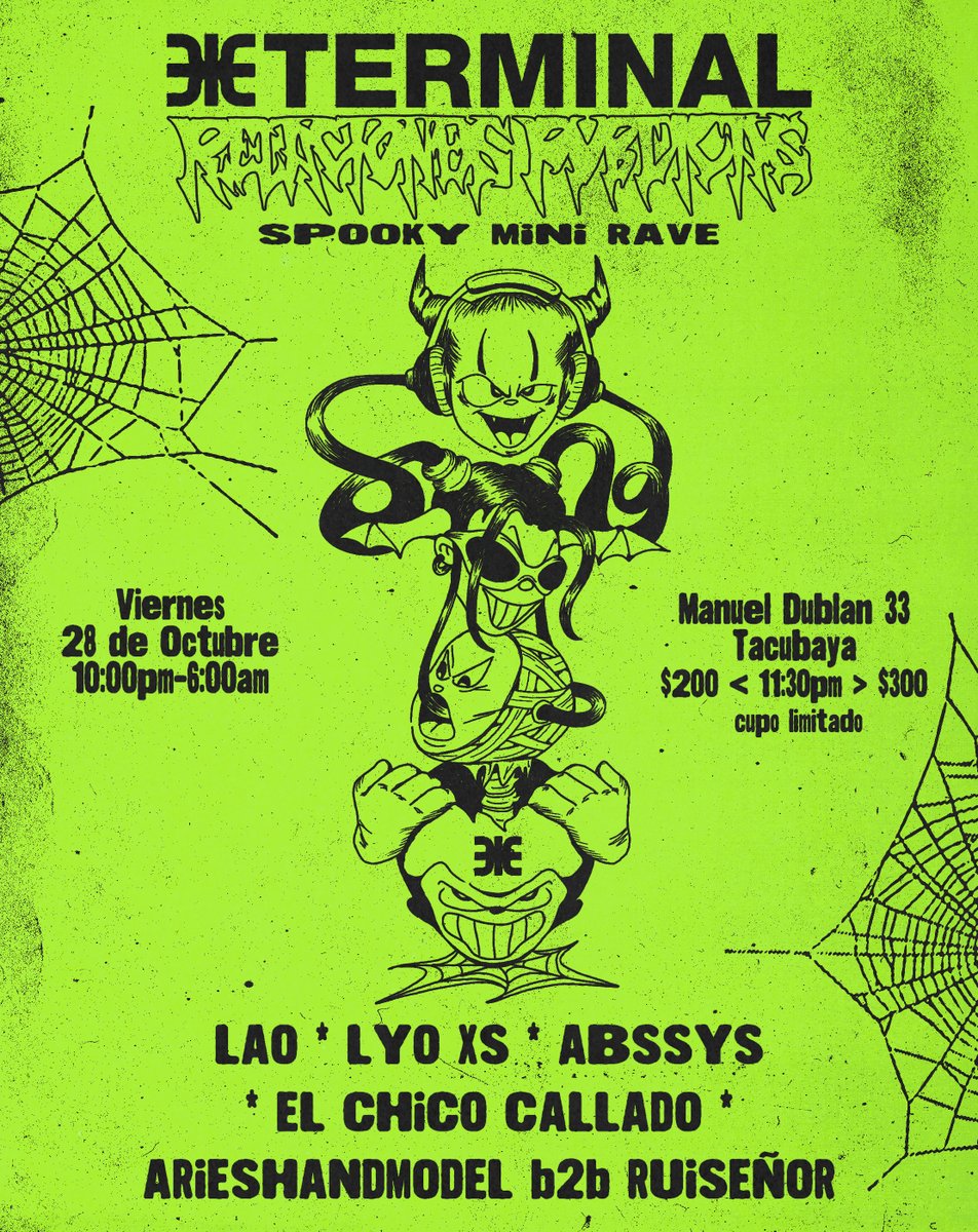 Termi x <a href="/RPGaleria/">Relaciones Publicas Galeria</a> Spooky Mini Rave 🕸🕷🦇🥀
Viernes 28 de Octubre | 10:00pm - 06:00am 

Compren su preventa con anticipación el cupo será limitado. ☞ boletos.terminal.org.mx
