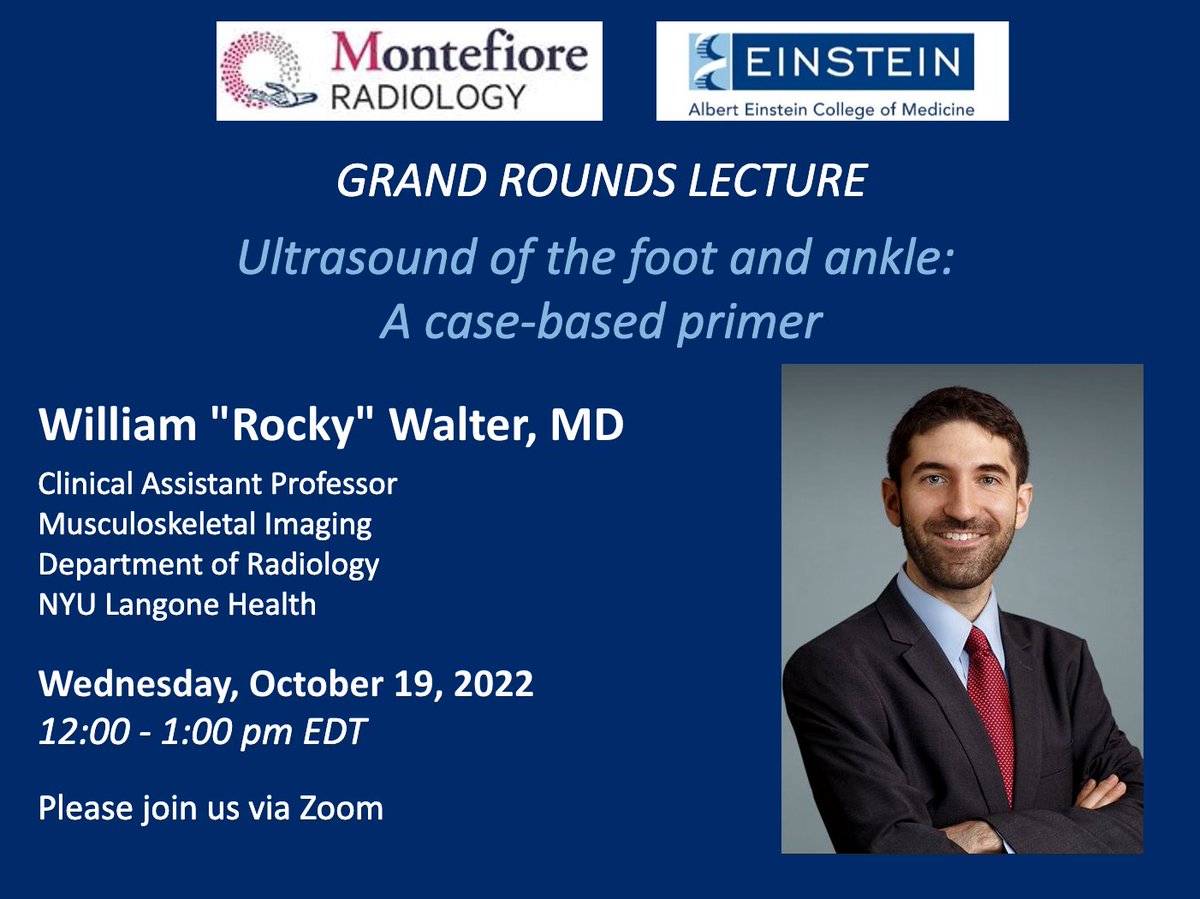 Looking forward to welcoming former @MontefioreRAD chief resident Dr. Rocky Walter for #GrandRounds presenting on Ultrasound of the Foot and Ankle