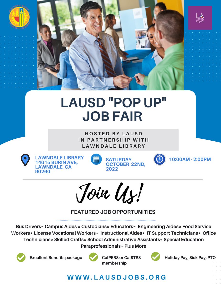 LAUSD is excited to be hosting a "POP-UP LAUSD" job fair at The Lawndale Library 📕📘📗.

Come out and join us this ⏲Saturday October 22nd from10:00am-2:00pm.

This is a community event and we can't wait to see you there!