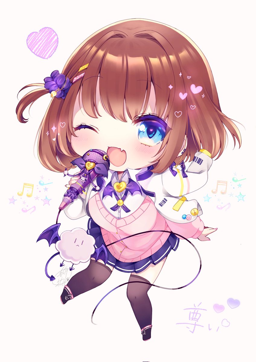 1girl microphone brown hair chibi one eye closed skirt thighhighs  illustration images