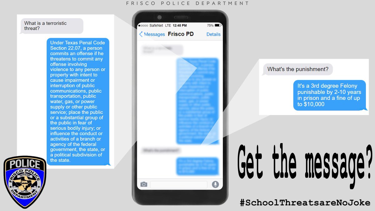 David Shilson (@friscopdchief) on Twitter photo Parents please talk to your kids about the serious consequences that come with making threats on schools. Kids please #ThinkB4UPost! #SchoolThreatsAreNoJoke <a href="/FriscoPD/">Frisco Police</a> Parents please talk to your kids about the serious consequences that come with making threats on schools. Kids please #ThinkB4UPost! #SchoolThreatsAreNoJoke <a href="/FriscoPD/">Frisco Police</a>