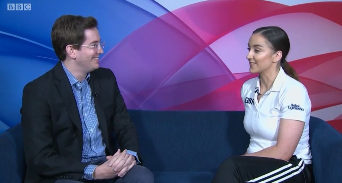 OllyHogben's tweet photo. Thought I’d get in on the #BBC100 act - my first time covering gymnastics on the Beeb was back in 2018, alongside @mimi_cesar for the @BritGymnastics Aerobic and Rhythmic National Championships. It was a dream come true. https://t.co/wEzauePhWG