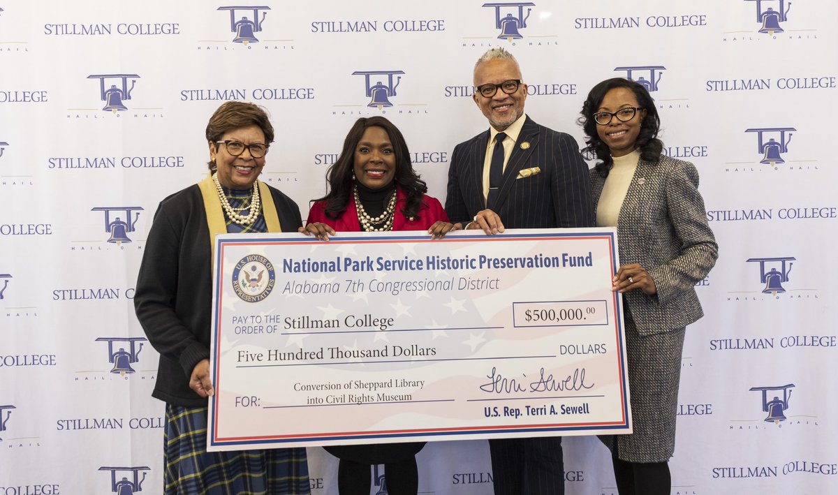 StillmanCollege's tweet photo. Thank you, @RepTerriSewell, for visiting campus to deliver checks for our federal funding to renovate Sheppard Library and Stinson Math and Science Building! Your tireless advocacy for Stillman College and HBCUs in Alabama is much needed and appreciated! https://t.co/Syh901JSJT
