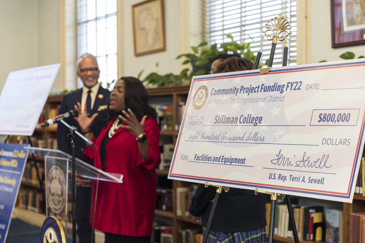 StillmanCollege's tweet photo. Thank you, @RepTerriSewell, for visiting campus to deliver checks for our federal funding to renovate Sheppard Library and Stinson Math and Science Building! Your tireless advocacy for Stillman College and HBCUs in Alabama is much needed and appreciated! https://t.co/Syh901JSJT