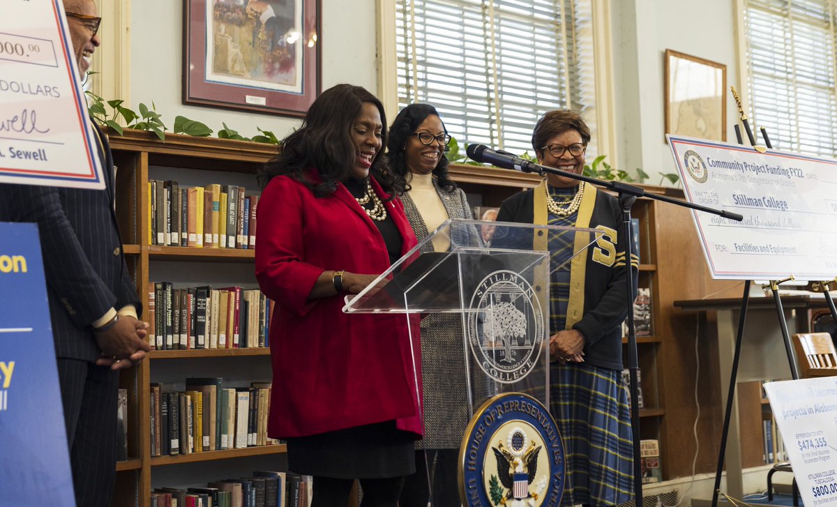 StillmanCollege's tweet photo. Thank you, @RepTerriSewell, for visiting campus to deliver checks for our federal funding to renovate Sheppard Library and Stinson Math and Science Building! Your tireless advocacy for Stillman College and HBCUs in Alabama is much needed and appreciated! https://t.co/Syh901JSJT