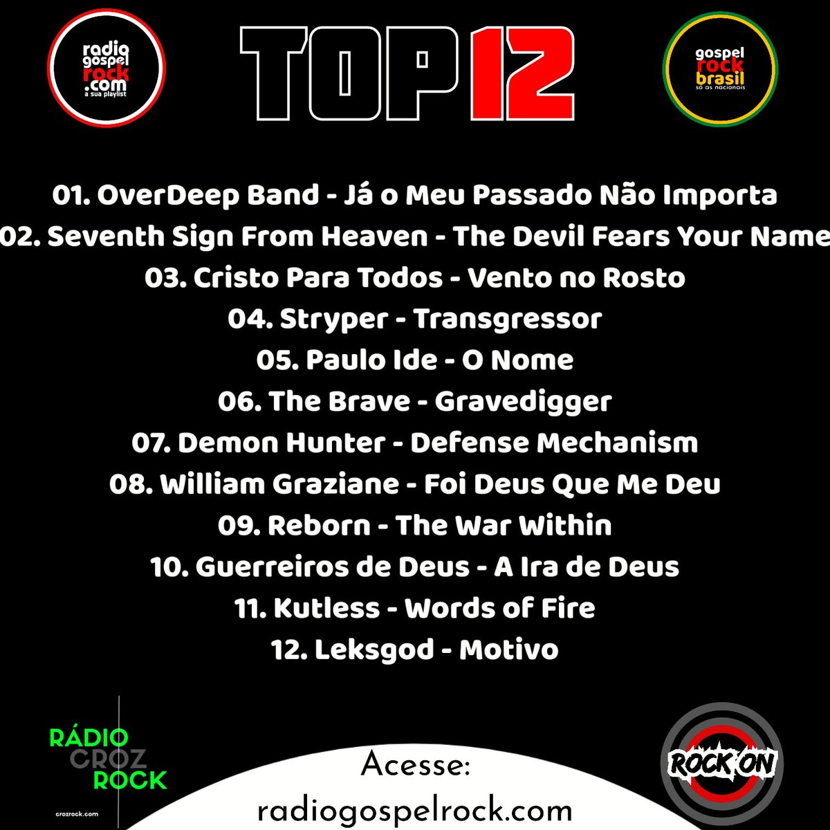 Top 12 da <a href="/Radiogospelrock/">Rádio Gospel Rock</a> 

🔴Top 12 
As músicas que estão bombando na programação !
.
#top12 #gospelrock  #crozrock
#christianrock #toprock  #top
👉 ⏰11 hs e 17 hs 
.