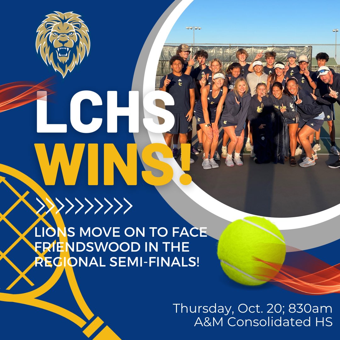Get excited people! For the first time in LCHS history the Lions are heading to the regional semifinals in Team Tennis! <a href="/ADHeard_MISD/">Clint Heard</a> <a href="/CoachPatKennedy/">Pat Kennedy</a> <a href="/coachrochinski/">Michelle Rochinski</a> <a href="/LClionsPTO/">Lake Creek high school PTO</a> <a href="/lions_trw/">Tim Williams</a> <a href="/FlemingInTheDen/">Christie Fleming</a> <a href="/LakeCreekHS/">Lake Creek High School</a>