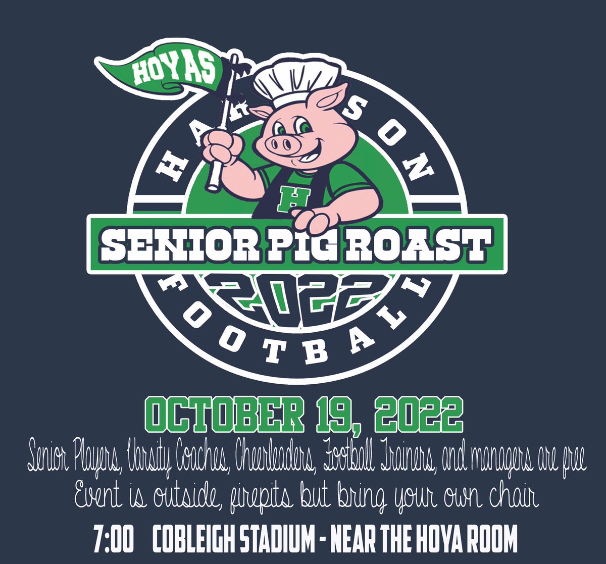 Tomorrow night we celebrate our seniors with a great #Hoyas 🏈 tradition 👏👏👏 #pigroast #whowilleattheeyeball 👁 🐷