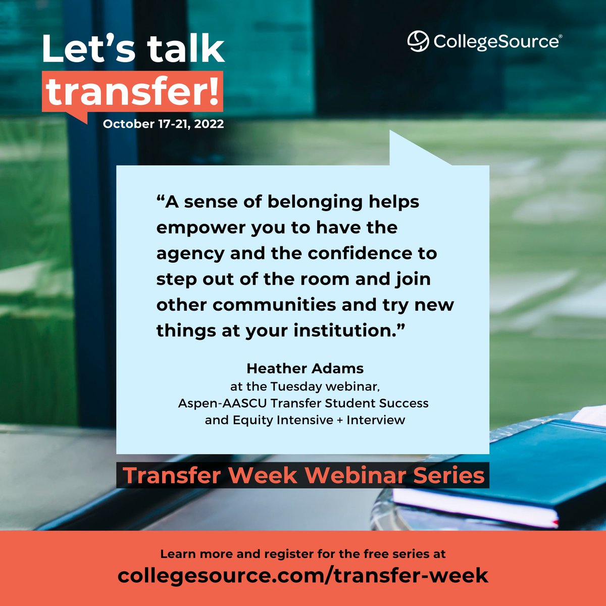 CollegeSource's tweet photo. Catch our webinar replay to hear from @HeatherHigherEd of the @AspenInstitute and learn about the Aspen-AASCU Transfer Student Success &amp; Equity Intensive project she is working on! ➡️ https://t.co/8UPnPVVw8e

#TransferStudentWeek @transferpride  @transfertweet https://t.co/3DpK87ebd1
