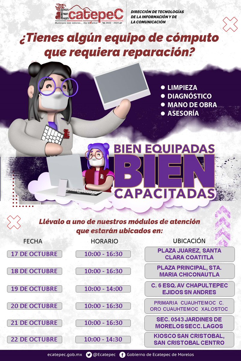 FerVilchisMx's tweet photo. #Equipadas | Del 17 al 22 de octubre, nuestras compañeras de la Dirección de Tecnologías de la Información y de la Comunicación te esperan en diversos módulos para reparar tu equipo de cómputo. ¡Checa las fechas y ubicaciones!

#GobiernoQueSíTeApoya https://t.co/MaZuWfBj8D