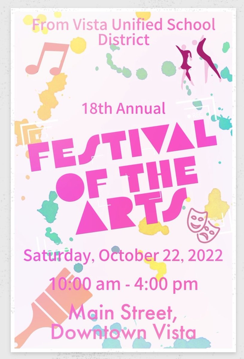 This outstanding event is Saturday, 10/22! It features wonderful art and musical performances from students throughout our district! <a href="/VistaBlueprint/">Vista Unified</a> #community #arts #music #festival