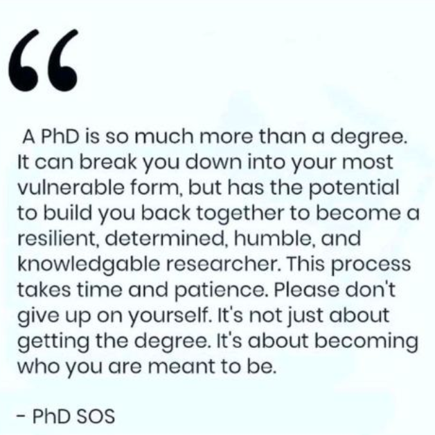 Citing Magdalena Ríos Romero from LinkedIn:
"The true result of a PhD is not a paper. It is YOU."
So never forget to take care of yourself and of your mentalhealth! And PhD should not break you down - the system needs to be fixed!
#phd #science #mentalhealth