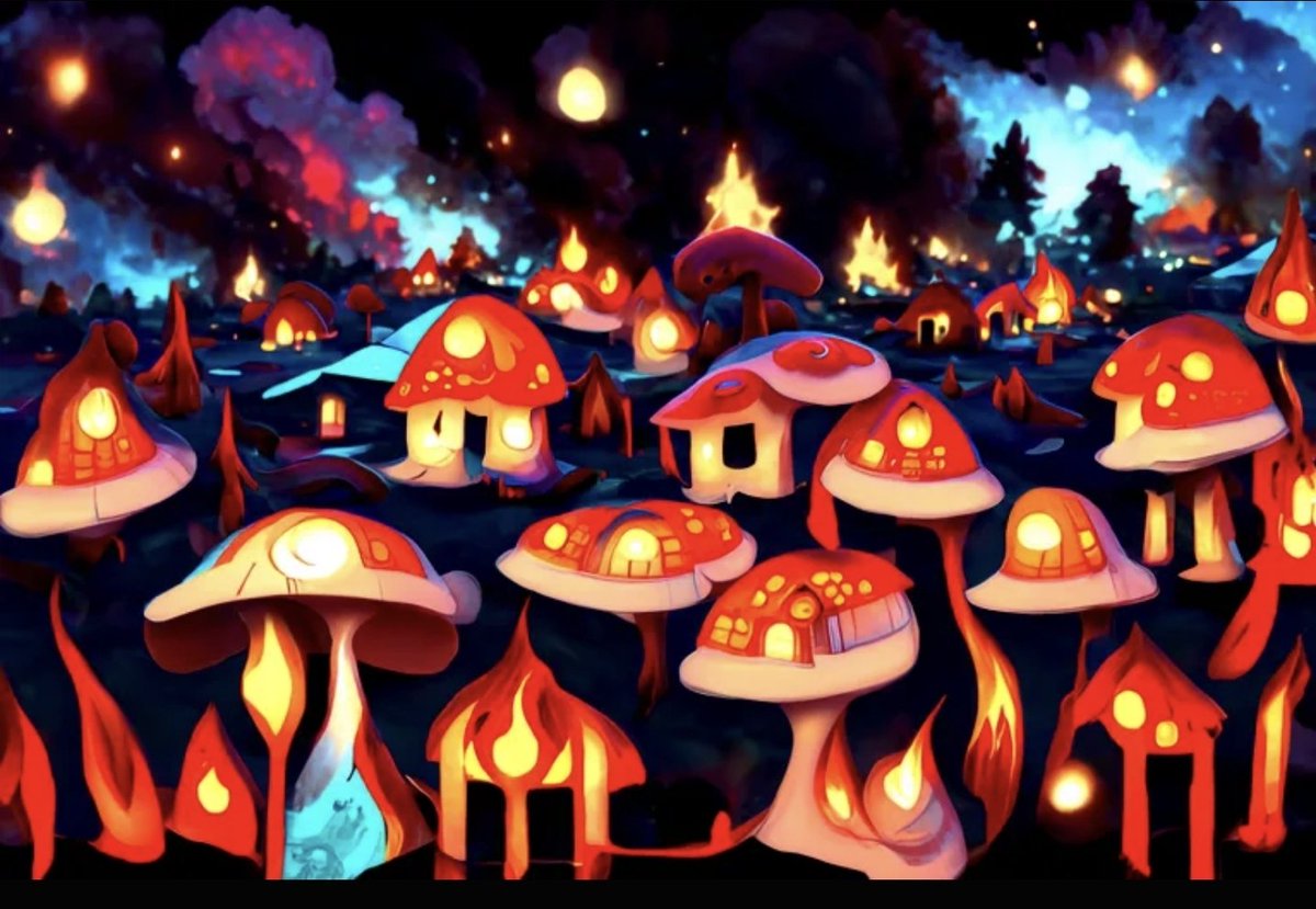 ComradeDice's tweet photo. Day 255 of Ai sessions from @TerraObscuraNFT 👀

Mushroom village surround by trees that are on fire 🔥 https://t.co/Iu9ClUWmJW