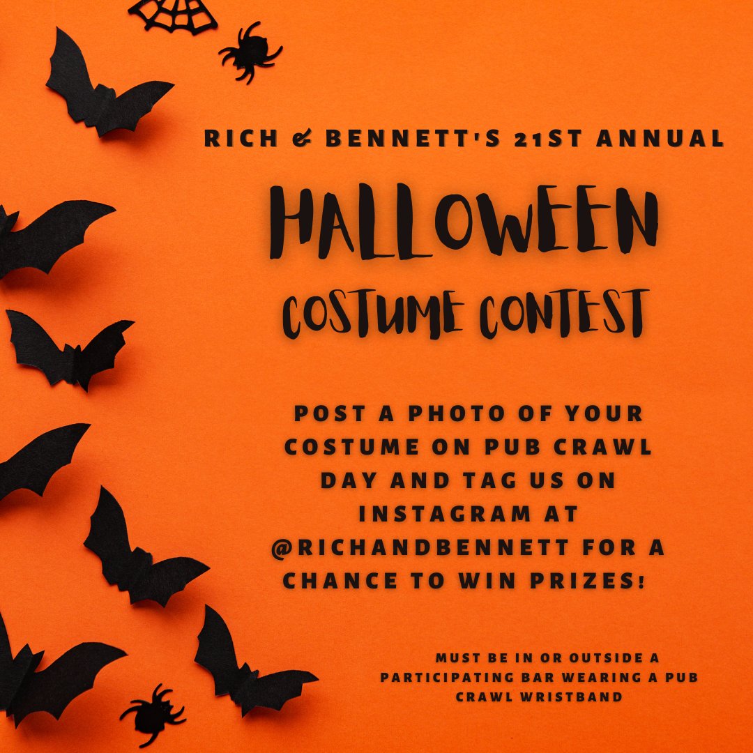 Enter our Costume Contest during the Halloween Pub Crawl on October 29! 🕷️🍻⁣
⁣
Post a photo of your costume on pub crawl day and tag us on Instagram at @richandbennett for a chance to win prizes! 🎃 Prizes will be given for Best Individual, Best Duo and Best Group Costume.