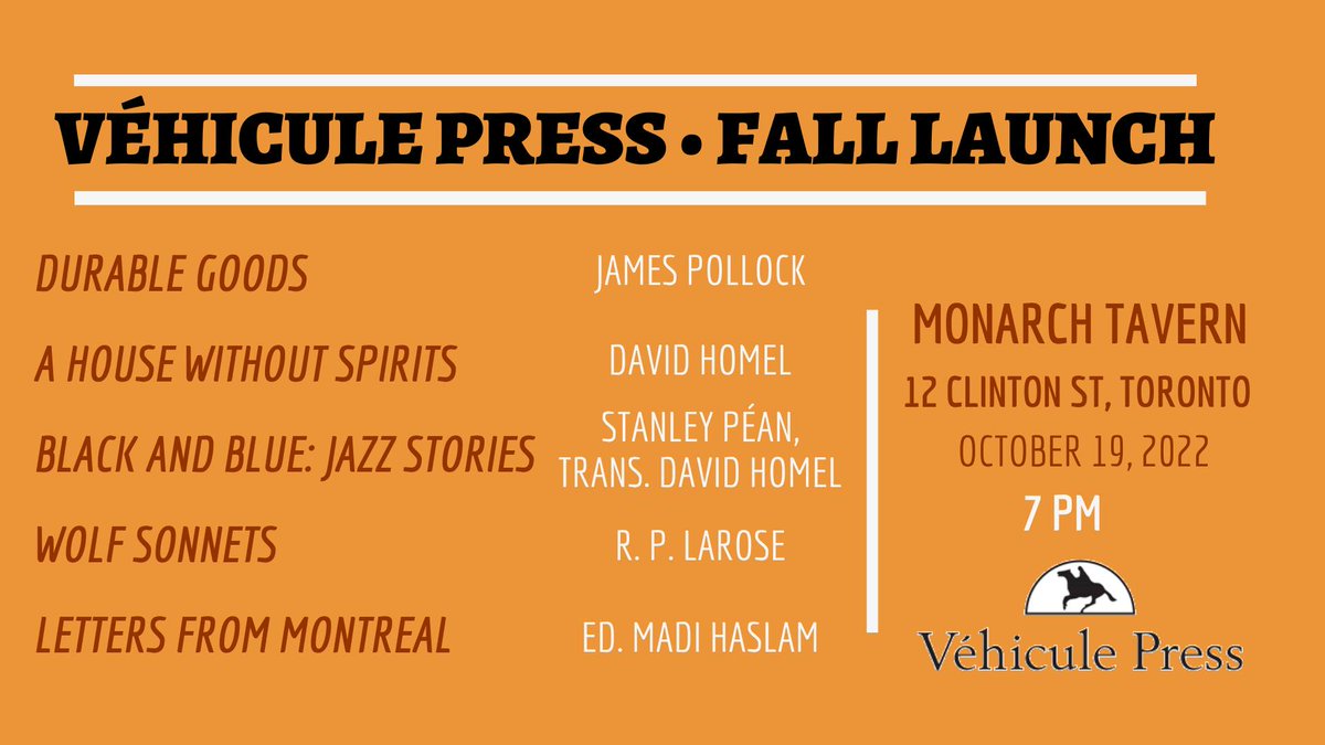 Toronto! There's a launch for @vehiculepress's fall titles—including LETTERS FROM MONTREAL—tomorrow night at the Monarch Tavern. I wish I could be there, so please go for me & say hi to @cstarnino and all the wonderful writers bit.ly/3VAXUHP