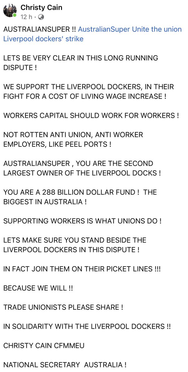 From CFMMEU National General Secretary Christy Cain @AustralianSuper #australiansuper #ausunions #liverpooldockers @unitetheunion