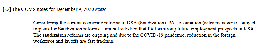 Federal Court rules that Saudi Arabia's Saudization policies are general country conditions and not extrinsic evidence. Visa officers do not need to provide applicants with an opportuntiy to respond to concerns about Saudization and returning to SA. decisions.fct-cf.gc.ca/fc-cf/decision…