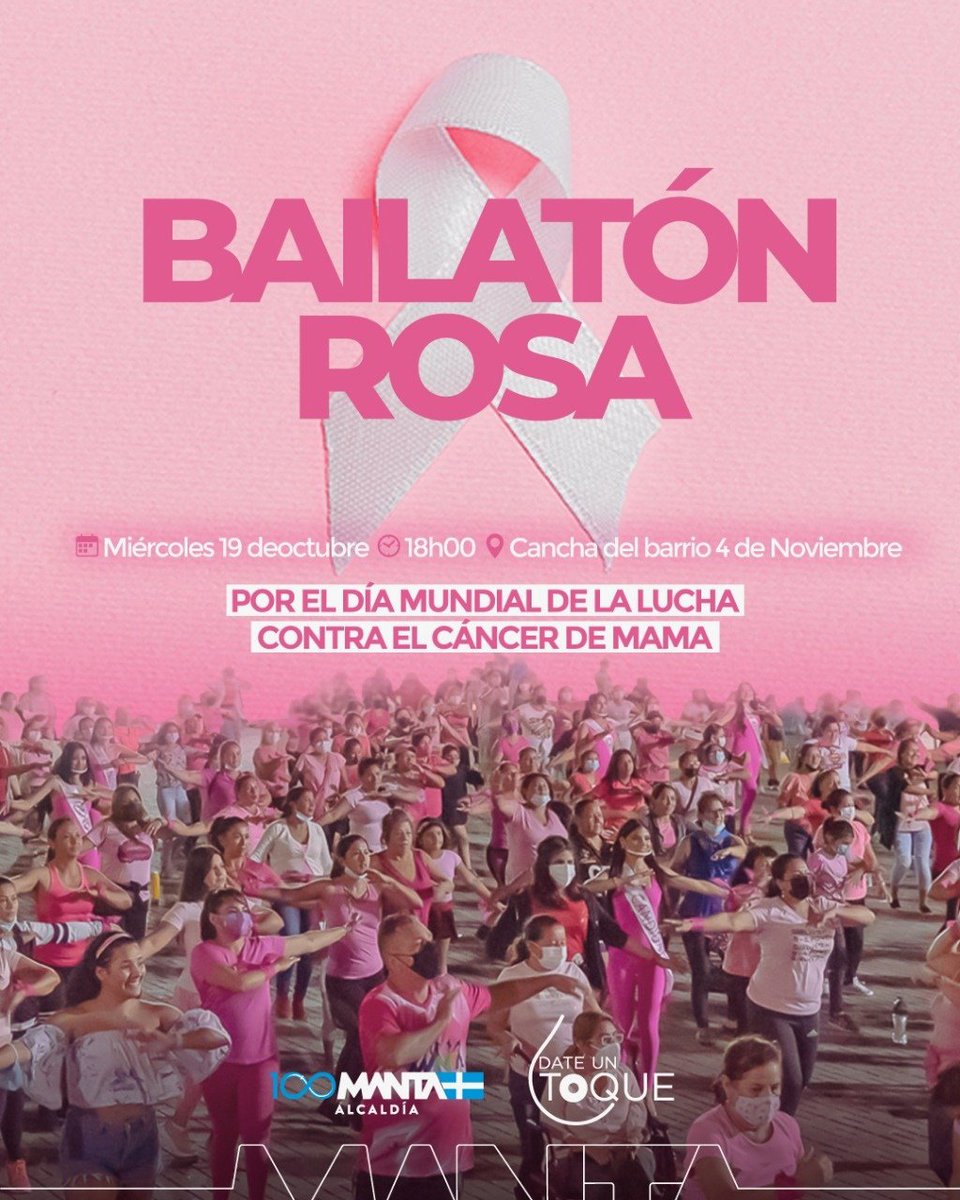 manta_alcaldia's tweet photo. Únete a la lucha CONTRA EL CÁNCER DE MAMA 💪

Ven y baila con nosotros este miércoles 19 de octubre. Juntas prevenimos el cáncer de mama. #DATEUNTOQUE 

TE ESPERAMOS ✌️

#AlcaldiaCiudadana #SeguimosFirmesConElCambio #MantaEcuador #BailatonRosa https://t.co/gpRs3niW86