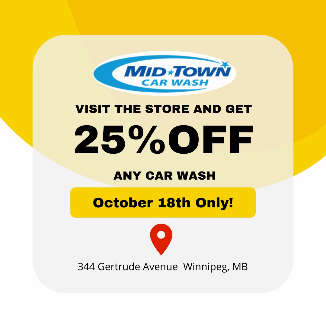 ⚡ Flash discount ⚡ 
Receive 25% off any wash today only! Just show this post and save 💲💲 
#supportlocal #supportlocalbusiness #Winnipeg #winnipeglocal #promo #discount