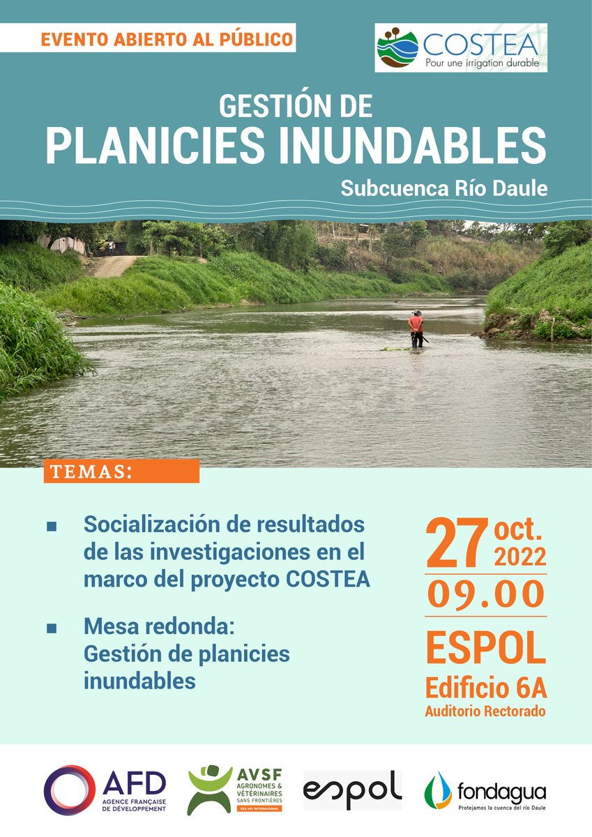 AVSFlatam's tweet photo. 🔵🟢🟤 #Costea 🇪🇨
“GESTIÓN DE PLANICIES INUNDABLES EN LA SUBCUENCA DEL RÍO DAULE”
Presentación de investigaciones y reflexiones sobre el desarrollo hidroagrícola en llanuras de inundación.
🗓 27.10.2022
⏰ 9.00 a 13.00
📍 Auditorio del rectorado, edificio 6A, ESPOL https://t.co/IgVKB9VKUm
