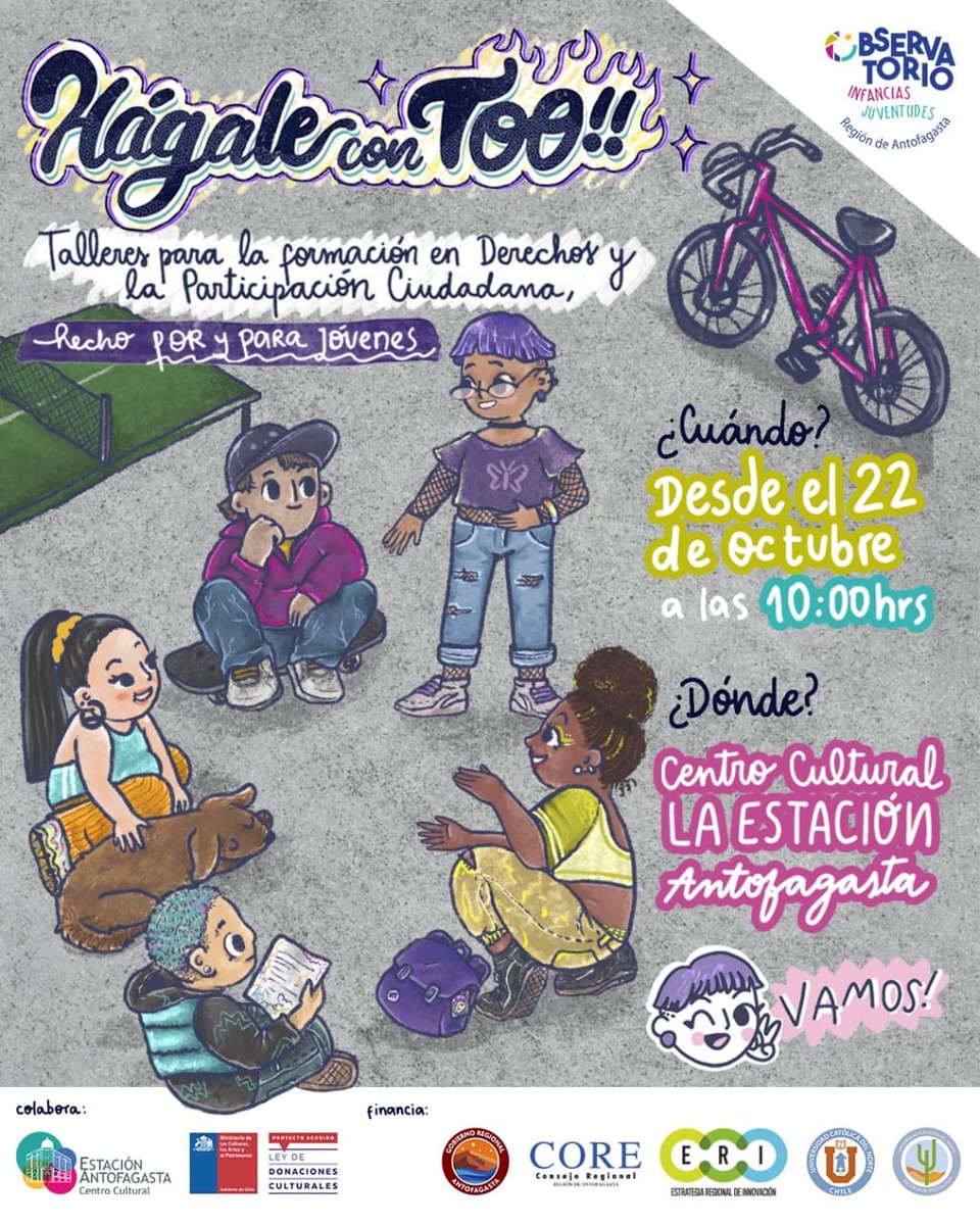 ❗ Todavía puedes inscribirte, hemos movido la fecha para que nadie quede fuera ✨

Te invitamos a PARTICIPAR en los talleres “HAGALE CON TOO!!" para que aprendas sobre tus Derechos 🤩

 📌Inscríbete en el siguiente link forms.gle/enyLSR3J6dM4Rh…

#DDHH #chile #antofagasta #jóvenes