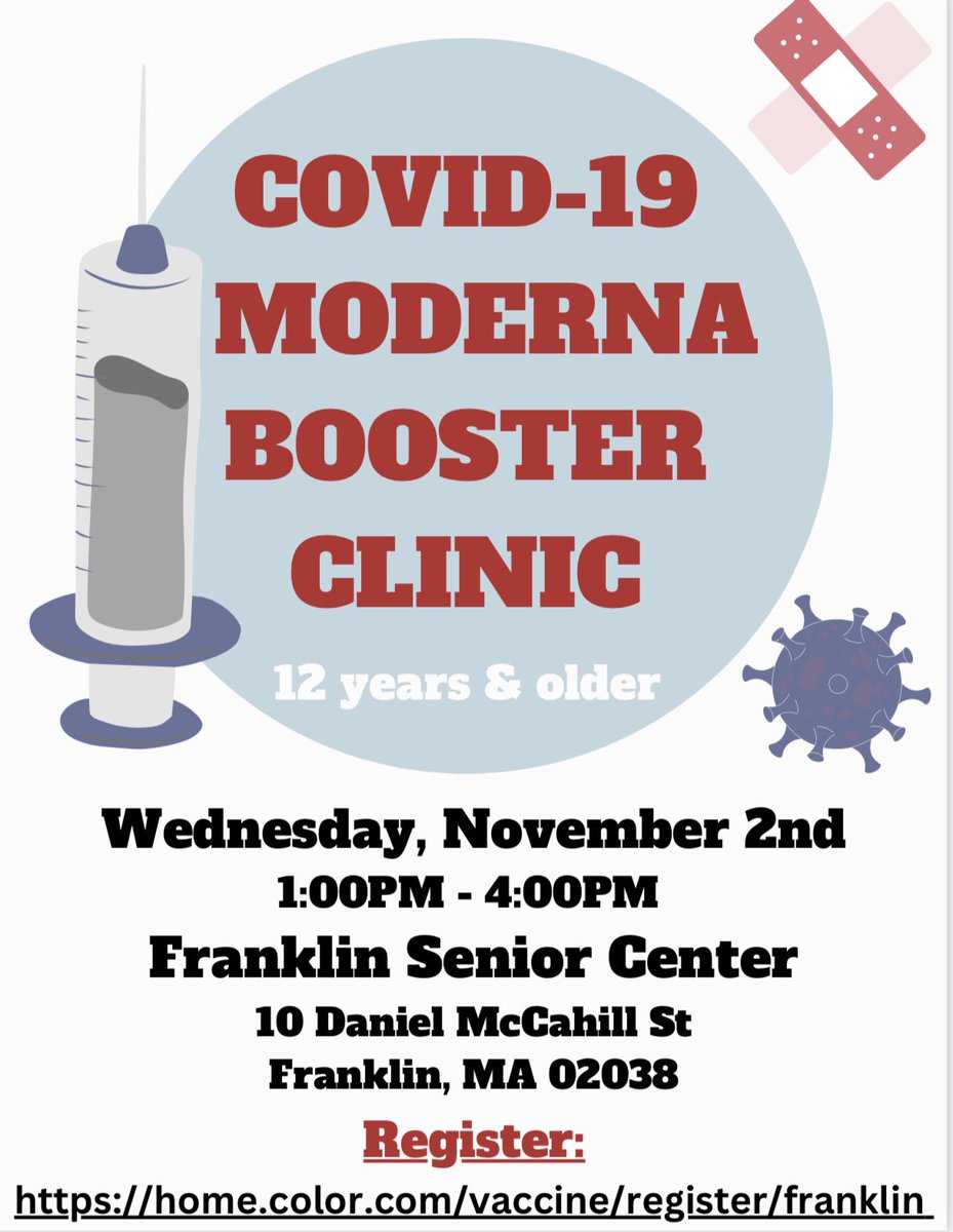 The <a href="/TOFranklinMA/">Town of Franklin, MA</a> Health Department is hosting a COVID-19 Moderna Booster Clinic on November 2nd at the Senior Center.  For more information please see the flyer below.