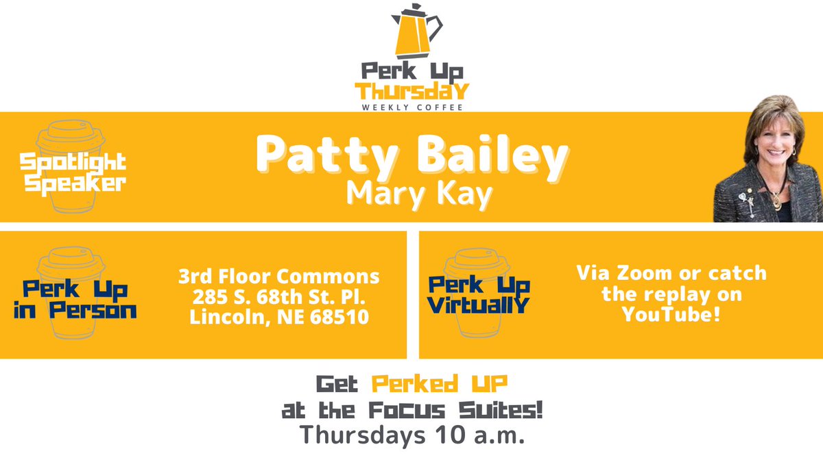 "I believe that customer service is the key to success, and I go over and above to help all those whom I connect with." - Patty 
Join us on Thursday, October 20 to hear from Patty Bailey and enjoy relaxed networking and free coffee!