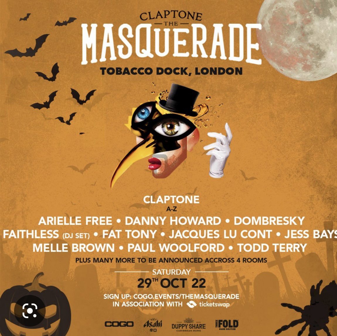 phoebewil's tweet photo. SELLING X2 TICKETS FOR THIS EVENT!!!!!! 

Message me if interested. Selling on see tickets fan seller site. #Halloween #halloweenrave #claptone #claptonehalloween #tobbacodocklondon #seetickets #londonevent https://t.co/ByogasiIY9